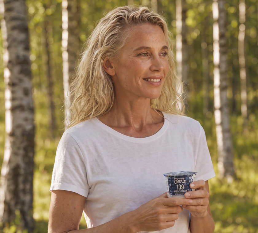 Woman in a Finnish forest enjoying Roberts Berrie