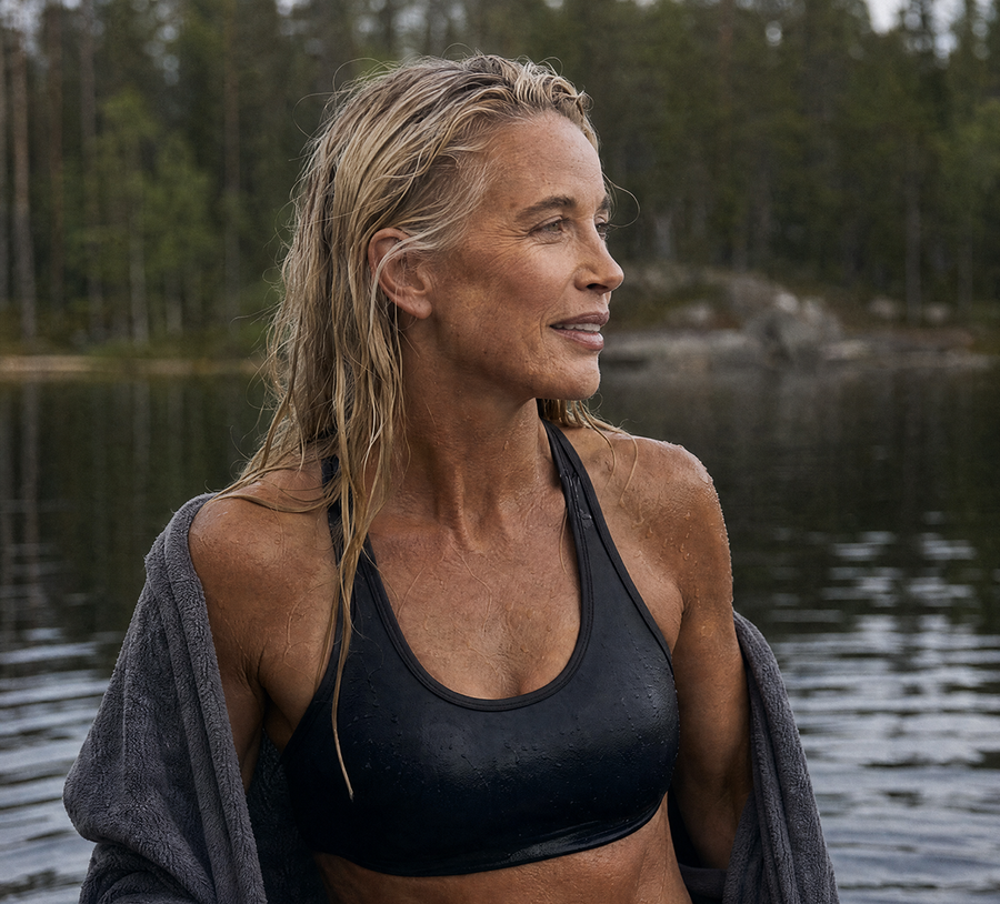 Woman by a forest lake, protected from oxidative stress
