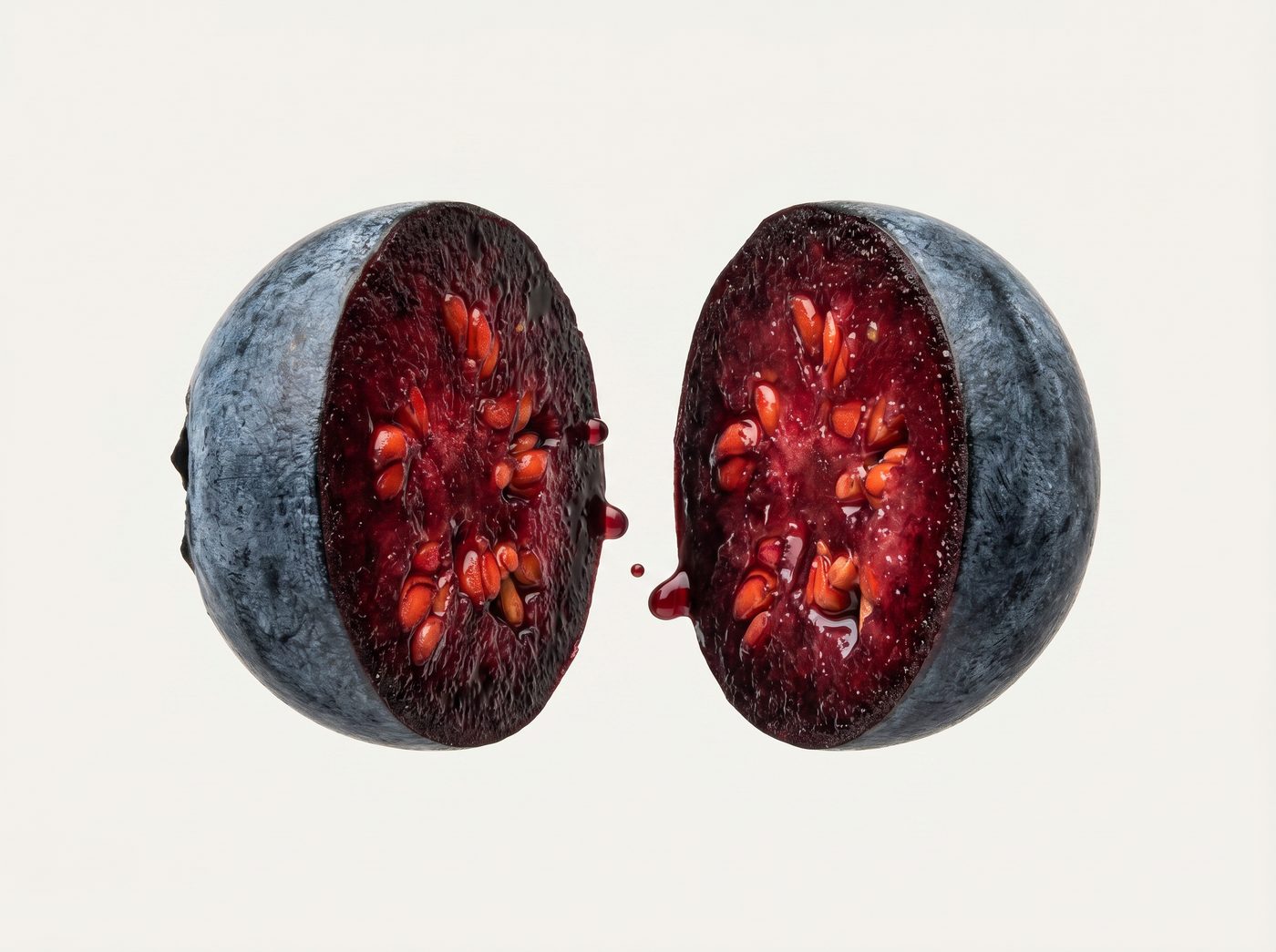 A wild bilberry sliced in half, deep red-purple to the core