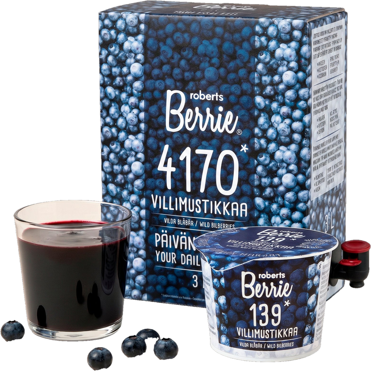 Roberts Berrie wild bilberry 3L box, cup and a glass of bilberry